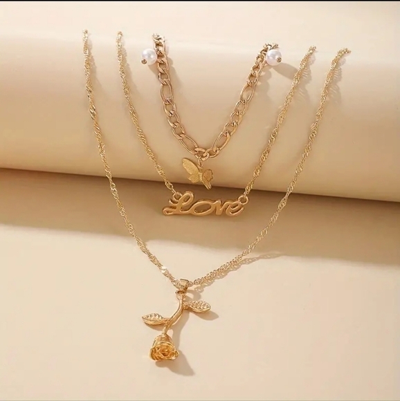 NWT Gold Plated Butterfly Rose Flower English Letter Multi-layer Necklace - Picture 2 of 7